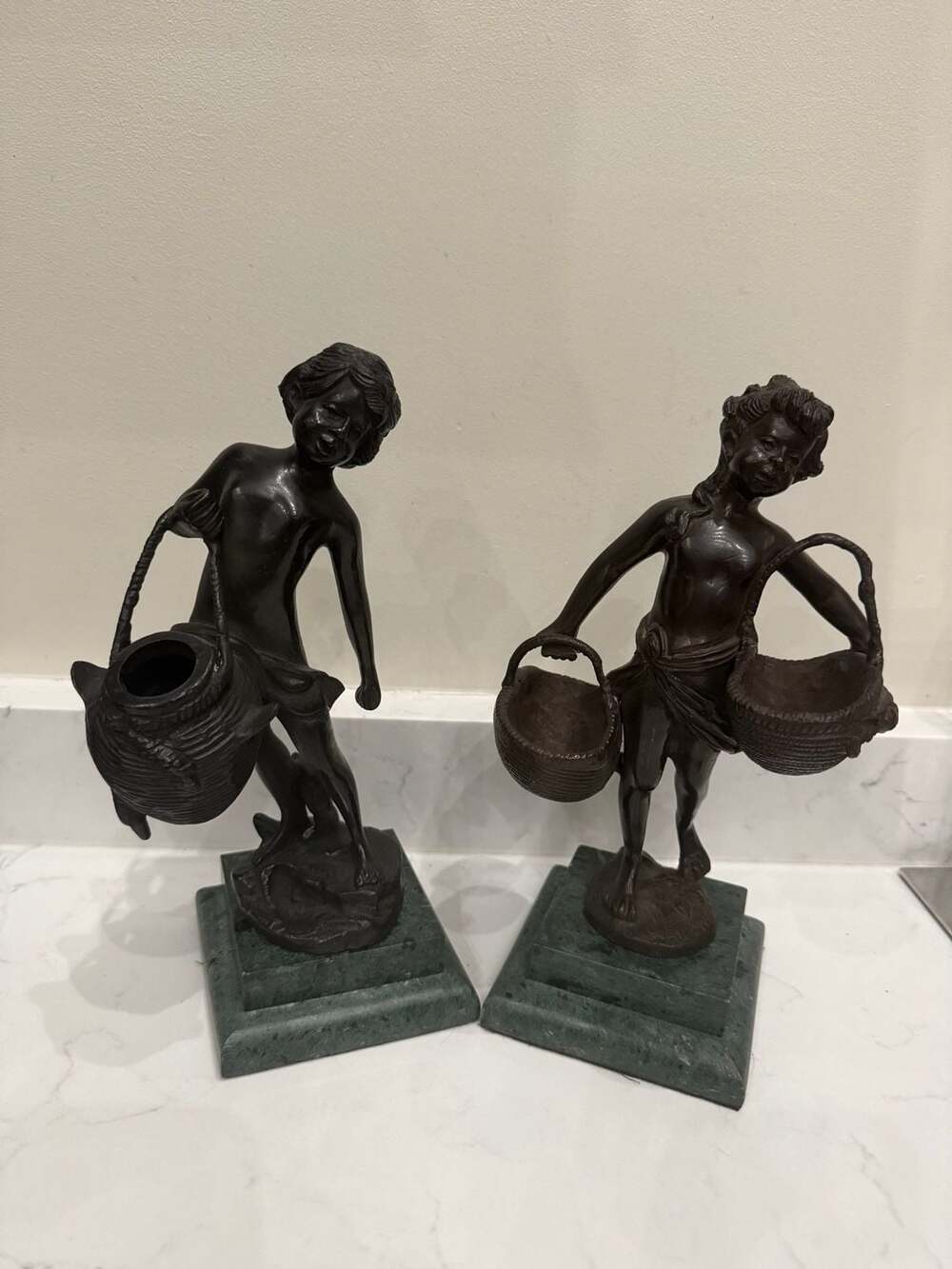 Pair of Antique Suzanne Bizard Style Bronze Figural Sculptures of Girls with Bas
